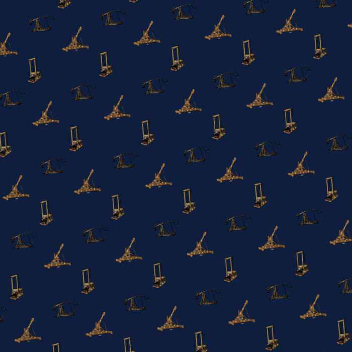 guillotines trebuchets and catapults pattern on blue navy